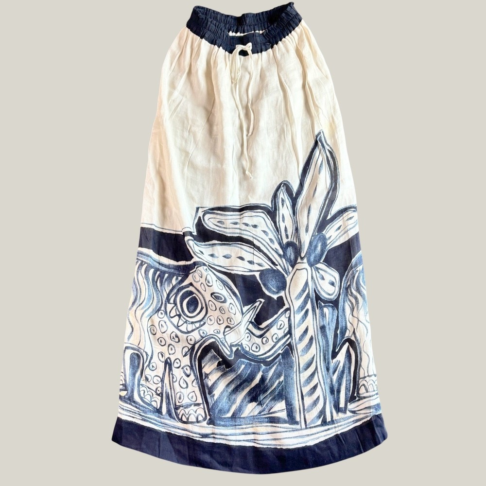 Dorothy Schoelen Platinum Skirt 6 White Navy Linen Elephant Vtg Art to Wear Boho